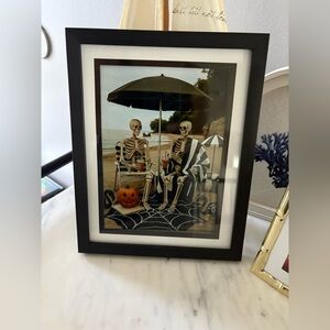 🖼️ Skeleton Beach Vacation – Framed Halloween Print with Pumpkin